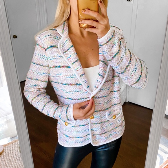 💐 ELEGANCE WHITE MULTI TWEED KNIT SWEATER BLAZER! - Picture 2 of 16